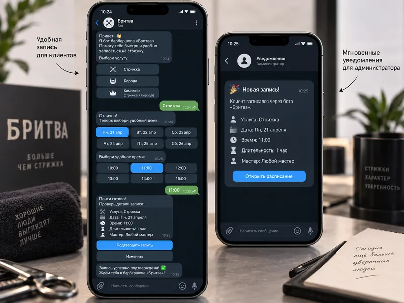 Barbershop booking Telegram bot on two smartphones
