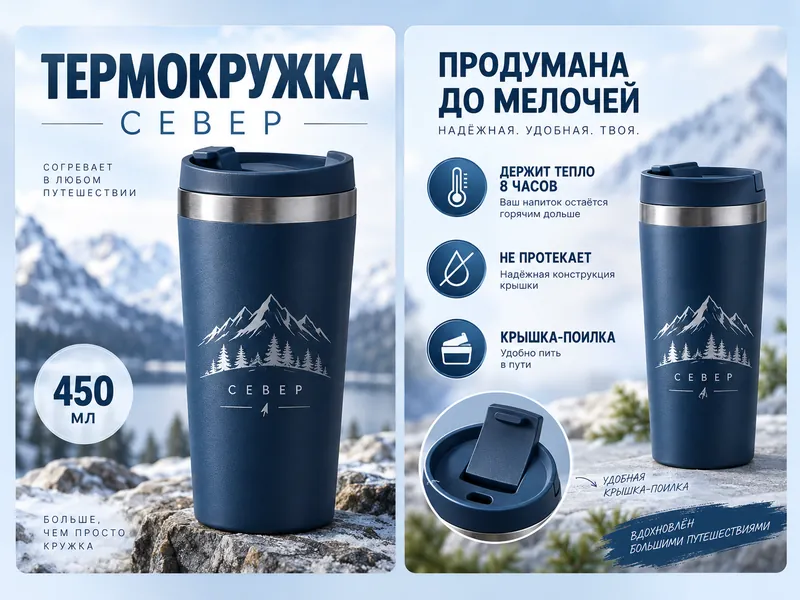Two product listing images for an insulated travel mug