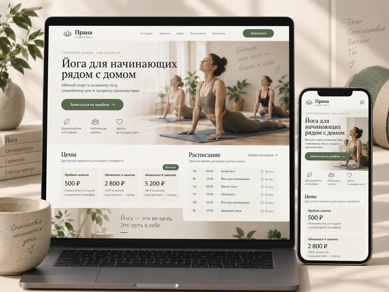 Yoga studio landing page on a laptop and a smartphone