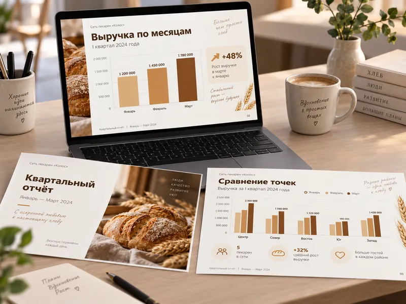 Quarterly bakery report on a laptop with printed slides
